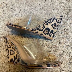 Fashion Nova Tan and Black Wedge Sandals with Open Toe and Slip-On Design